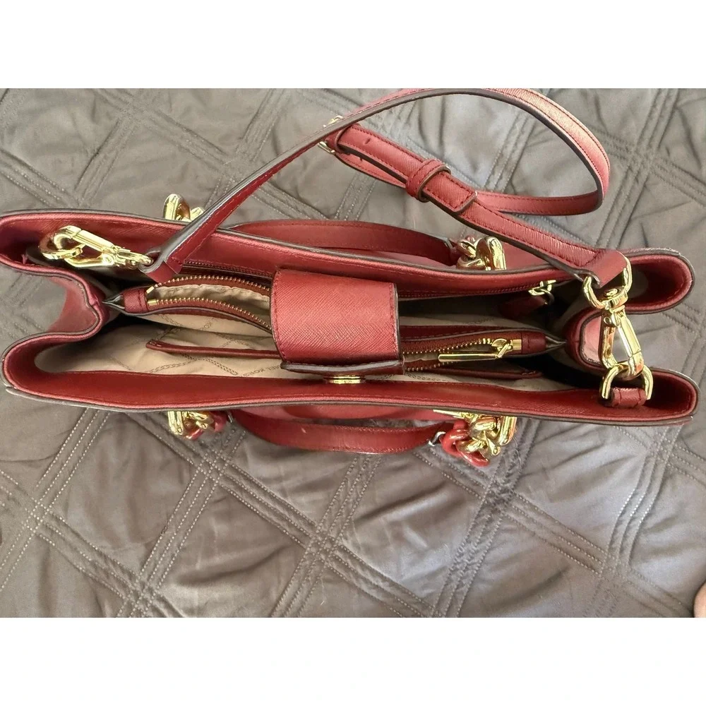 Michael‎ Kors Red Saffiano Leather Satchel Crossbody Bag Gold Hardware